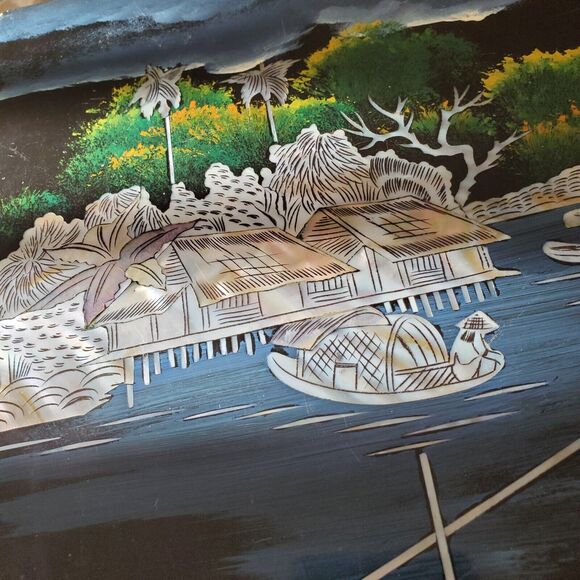 Inlaid Asian Artwork Shell On Black Lacquered Wood Vintage 12x16 Inches - Picture 14 of 15